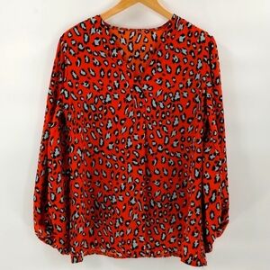 Women's balloon long sleeve blouse top v neck  large animal print orange casual